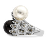 Sterling Silver Rhodium-plated Black and White Plastic Imitation Pearl Marcasite Ring - QR-867C7577-7165