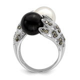 Sterling Silver Rhodium-plated Black and White Plastic Imitation Pearl Marcasite Ring - QR-DFA154CF-1898