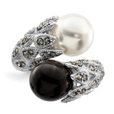 Sterling Silver Rhodium-plated Black and White Plastic Imitation Pearl Marcasite Ring - QR-DFA154CF-1898