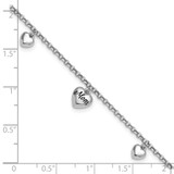 Sterling Silver Rhodium-plated Black Enameled MOM Puffed Heart with Heart Charms 6.5 inch with 0.75 inch extension Bracelet