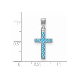 Sterling Silver Rhodium-plated Blue Enameled Cross Hatch Cross Charm