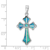 Sterling Silver Rhodium-plated Blue Inlay Created Opal Cross Pendant