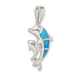 Sterling Silver Rhodium-plated Blue Inlay Created Opal Dolphin Pendant - QC-9DFAE5A2-7267