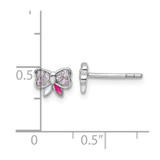 Sterling Silver Rhodium-plated Children's Pink CZ with Pink and White Enamel Bow Post Earrings