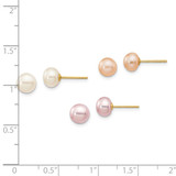 14k 6-7mm Multicolor Button Freshwater Cultured Pearl Boxed 3 Pair Post Earrings Set