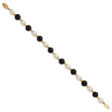 14k 6-7mm White Rice Freshwater Cultured Pearl and Onyx Beaded 8 inch Bracelet