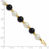 14k 6-7mm White Rice Freshwater Cultured Pearl and Onyx Beaded 8 inch Bracelet