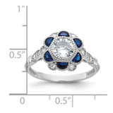 Sterling Silver Rhodium-plated CZ and Lab Cr. Blue Sapphire Flower Ring - QR-C891C109-4810