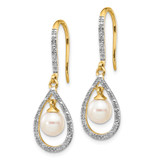14k 6-7mm White Round FWC Pearl .02ct. Diamond Dangle Earrings