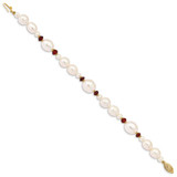 14K 6-7mm White Semi-Round and Rice Freshwater Cultured Pearl and Garnet Beads 7.25 inch Bracelet