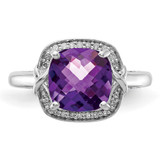 Sterling Silver Rhodium-plated Diamond & Checker-Cut Amethyst Ring - QR-E3247452-3787