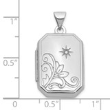 Sterling Silver Rhodium-plated Half Point Diamond Flower And Star 20mm Rectangle Locket