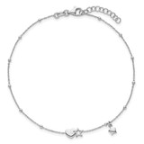 Sterling Silver Rhodium-plated Heart and Stars with Beads 9 inch with 1 inch Extension Anklet
