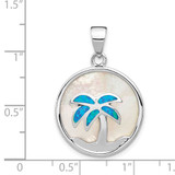 Sterling Silver Rhodium-plated Mother of Pearl and  Blue Created Opal Round Palm Tree Pendant