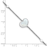 Sterling Silver Rhodium-plated Mother of Pearl Heart 6.5 inch with 1 inch extension Bracelet