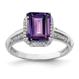 Sterling Silver Rhodium-plated Octagonal Amethyst & Diamond Ring