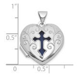 Sterling Silver Rhodium-plated Open Cross with Blue Fabric Interior 18mm Heart Locket