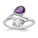 Sterling Silver Rhodium-plated Pear Shape Amethyst & White Topaz Ring - QR-E637240B-4817