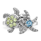 Sterling Silver Rhodium-plated Peridot and Light Swiss Blue Topaz Turtle and Starfish Ring - QR-F241E7C9-9304
