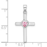 Sterling Silver Rhodium-plated Pink Heart CZ Cross Pendant