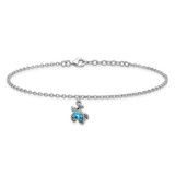 Sterling Silver Rhodium-plated Polished and Antiqued Blue Crystal Turtle 9 inch with an 1 inch Anklet