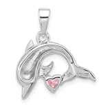 Sterling Silver Rhodium-plated Polished and Antiqued Pink CZ Dolphin Pendant