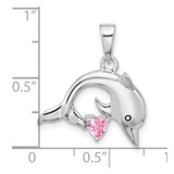 Sterling Silver Rhodium-plated Polished and Antiqued Pink CZ Dolphin Pendant