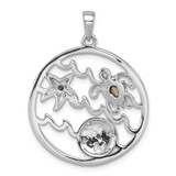 Sterling Silver Rhodium-plated Polished and Antiqued Round Crystal Sealife Pendant