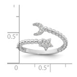 Sterling Silver Rhodium-plated Polished and Beaded Adjustable CZ Moon and Star Size 6 Ring
