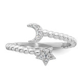 Sterling Silver Rhodium-plated Polished and Beaded Adjustable CZ Moon and Star Size 8 Ring