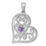 Sterling Silver Rhodium-plated Polished and Beaded Amethyst Filigree Heart Pendant
