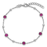 Sterling Silver Rhodium-plated Polished and Beaded Bezel-set Round Red CZ 7 Inch with 1 Inch Extension Bracelet