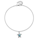 Sterling Silver Rhodium-plated Polished Created Opal Turtle 9 inch with a 1 inch Extention Anklet