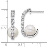 Sterling Silver Rhodium-plated Polished CZ and 7-8mm Round White Freshwater Cultured Pearl J-Hoop Post Earrings