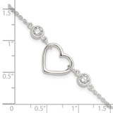 Sterling Silver Rhodium-plated Polished CZ Heart with 1in ext Bracelet