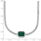 Sterling Silver Rhodium-plated Polished Fancy Emerald-cut Green and White CZ Halo 16 Inch with 2 Inch Extension Necklace