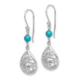 Sterling Silver Rhodium-plated Polished Filigree CZ & Reconstituted Turquoise Teardrop Dangle Earrings