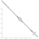 Sterling Silver Rhodium-plated Polished Freshwater Cultured Pearl Cross and Miraculous Medal 10 Inch Anklet