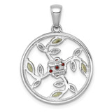 Sterling Silver Rhodium-plated Polished Garnet, Peridot and White Topaz Floral Twisted Circle Pendant