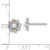 Sterling Silver Rhodium-plated Polished Green, Pink, Blue and Purple CZ and Freshwater Cultured Pearl Flower Post Earrings