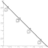 Sterling Silver Rhodium-plated Polished Heart 9.5in Plus 1in ext. Anklet
