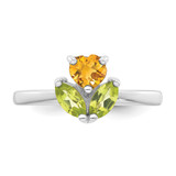 Sterling Silver Rhodium-plated Polished Heart Citrine and Peridot Flower Ring - QR-21482B6D-5916