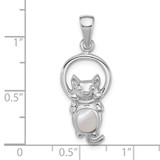 Sterling Silver Rhodium-plated Polished Mother of Pearl Cat Hanging on Ring Pendant