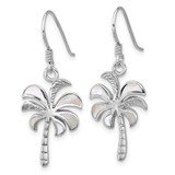 Sterling Silver Rhodium-plated Polished Mother of Pearl Palm Tree Dangle Shepherd Hook Earrings