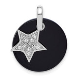 Sterling Silver Rhodium-plated Polished Onyx Circle with CZ Star Dangle Pendant