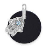 Sterling Silver Rhodium-plated Polished Onyx Circle with Light Swiss Blue Topaz and CZ Hamsa Dangle Pendant