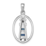 Sterling Silver Rhodium-Plated Polished Oval Adventurine and CZ Lighthouse Pendant