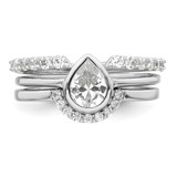 Sterling Silver Rhodium-plated Polished Pear Shape White CZ Ring with 2 Fitted CZ Bands Size 7 Three Ring Set
