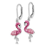 Sterling Silver Rhodium-plated Polished Pink Crystal Flamingo Leverback Earrings