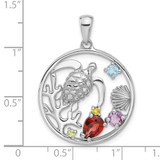 Sterling Silver Rhodium-plated Polished Rainbow Multi-Gemstone Sea Turtle Pendant